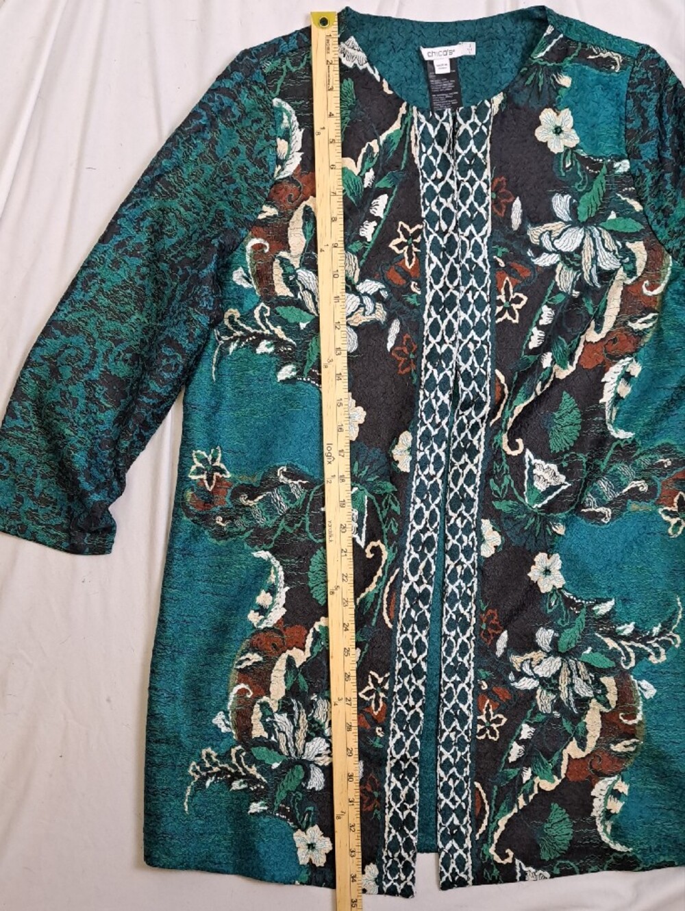 Funky Teal Lightweight Floral Tapestry Crinkle Knit Duster Coat Artsy Boho Sz L - Picture 10 of 12